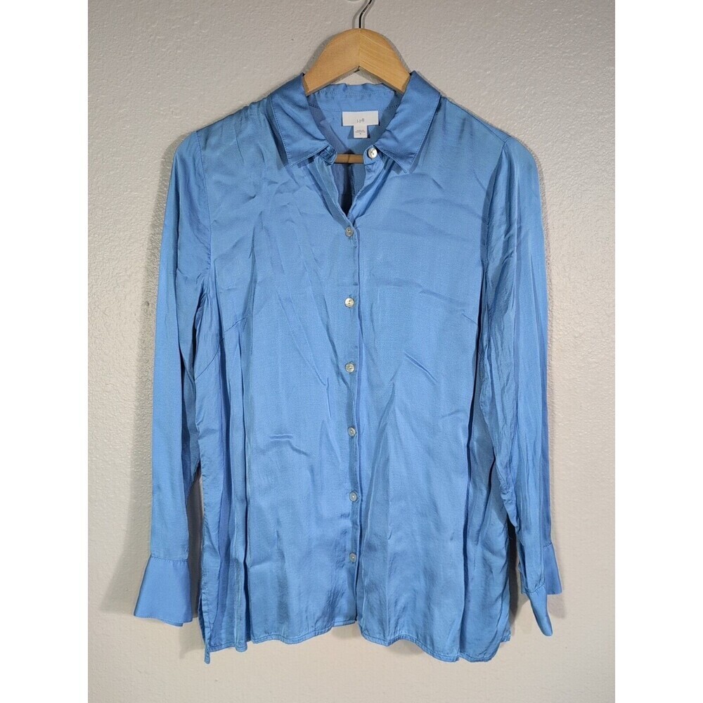 J. Jill Shirt Women M Blue Satin Collared Button Up Side Slits Elegant Office 99